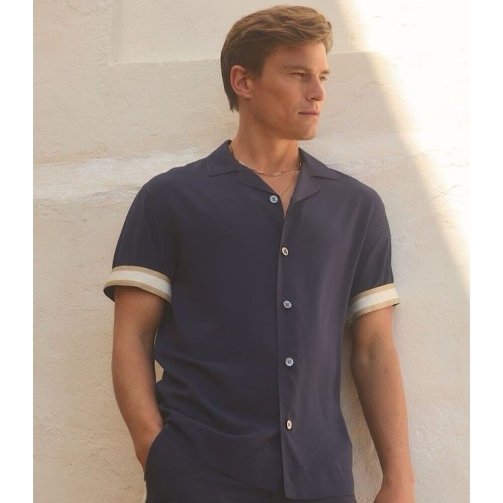 Reiss X Ché Men's Valbonne Cuff Detail Cuban Collar Shirt Navy Blue XL Viscose